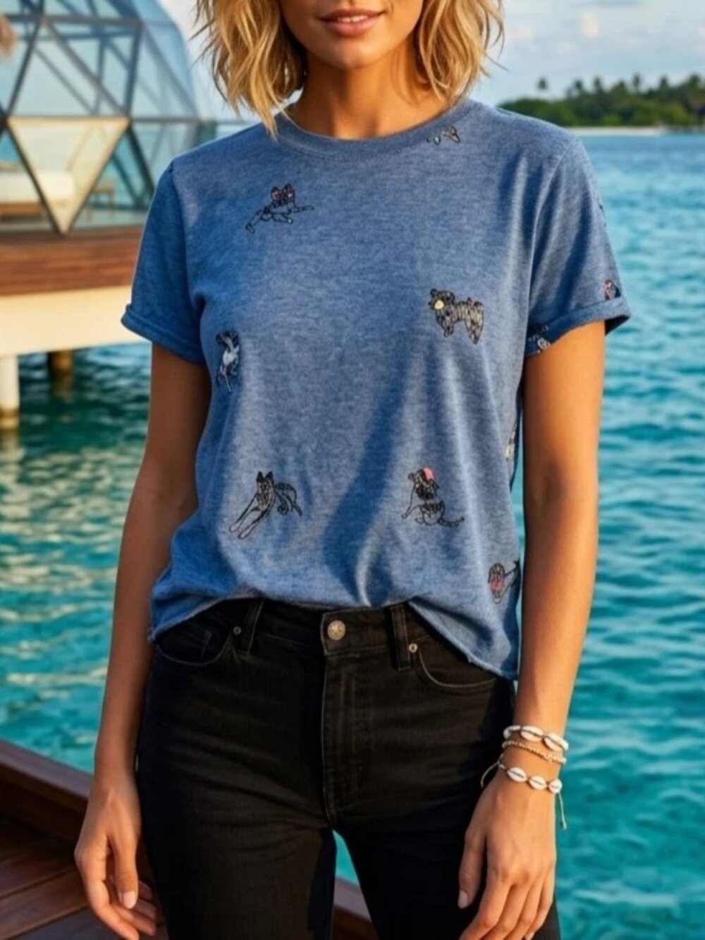 Anthropologie Maeve The Caitlin Boxy T-Shirt Top Dog Embroidery Edition S 289704